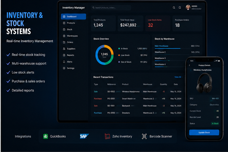 Inventory and stock management dashboard mockup